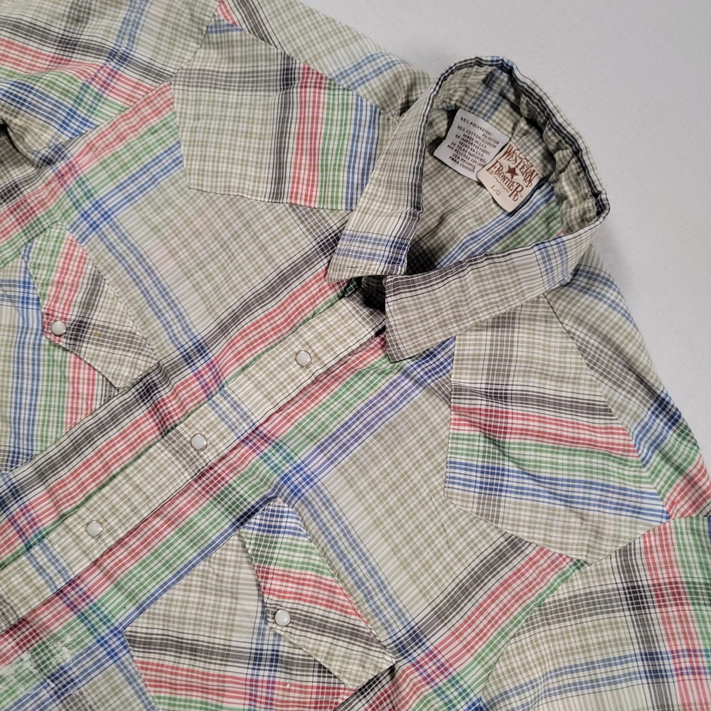 Western Frontier Pearl Snap Shirt Mens L Multi Plaid Vintage Short Sleeve USA